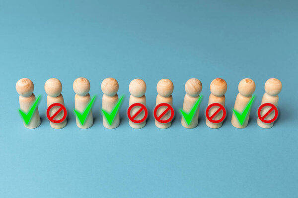 Dismissal of staff during crisis, figures of workers on blue background. Dismissed and unemployed people.