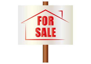 Satılık ev simgesi ve kırmızı harfleri ile beyaz poster.