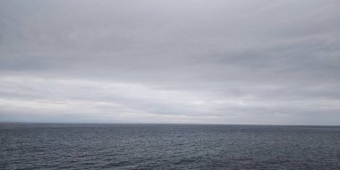 Bulutlu bir günde martılarla deniz manzarası.