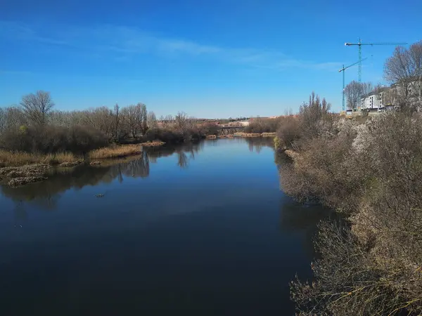 Sonbahar yaprakları olmayan ağaçlarla nehir.
