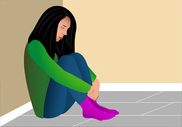 Depressed Girl Sitting Floor Her Knees Bent Holding Them Depression — Stock Vector