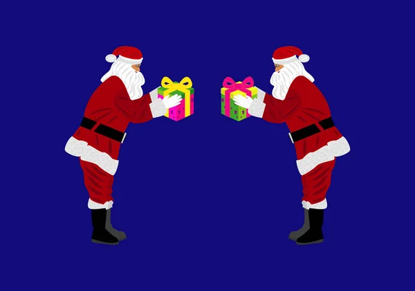 Два Санта Нела Дарят Друг Другу Рождественский Подарок Голубом Фоне — стоковый вектор