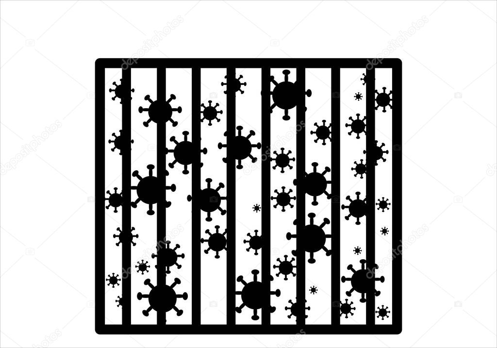 Corona virus icons of different sizes behind prison bars on white background