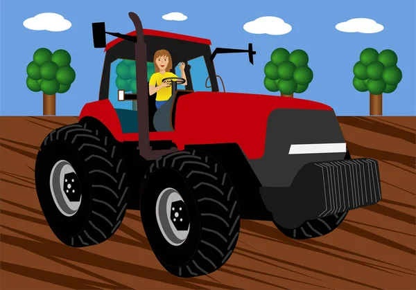 土地を耕しながらトラクターを運転する農業従事者の女性 — ストックベクタ