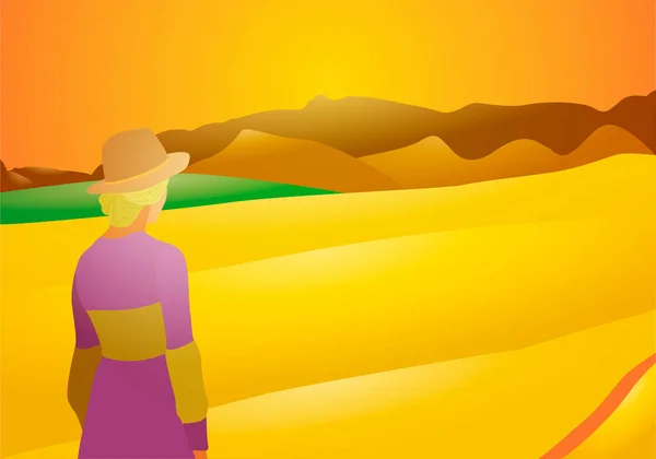 Mujer Rural Observando Campos Agrícolas Atardecer — Vector de stock
