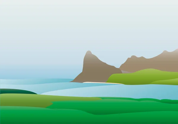 Paisaje Con Mar Montañas Junto Con Niebla — Vector de stock