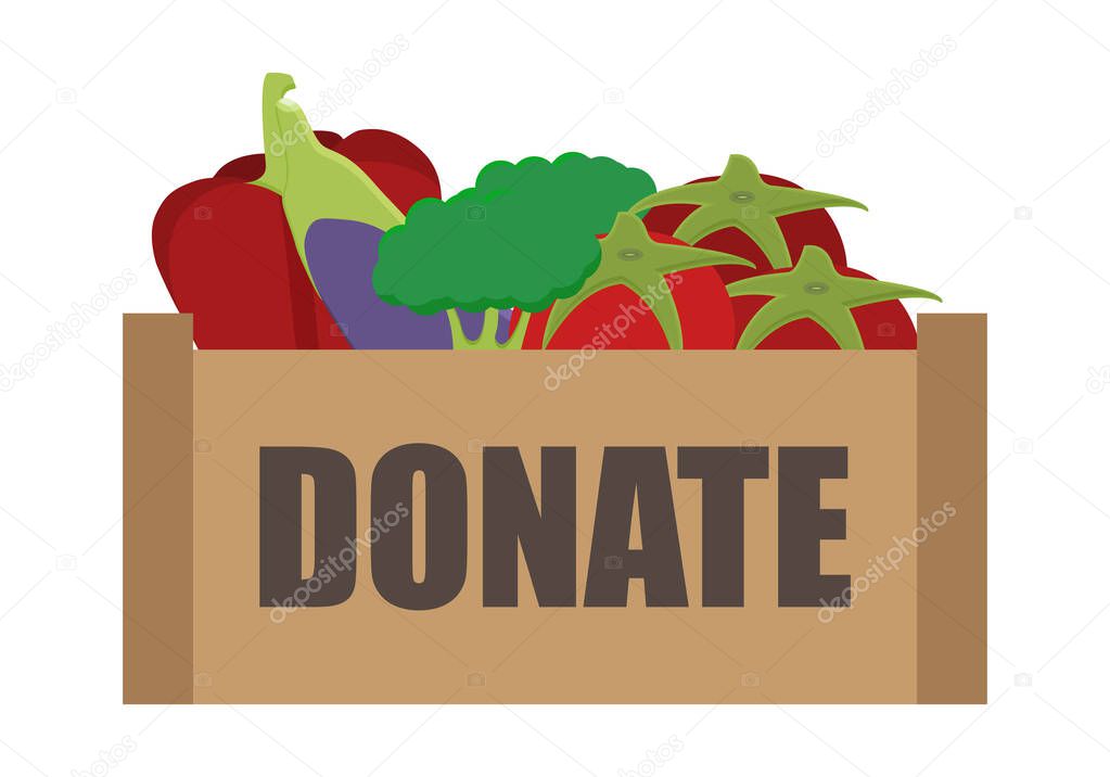 Box of vegetables to donate on white background.