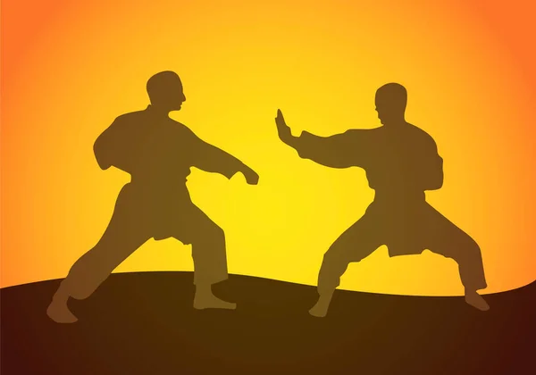 Gente Luchando Karate Atardecer — Vector de stock