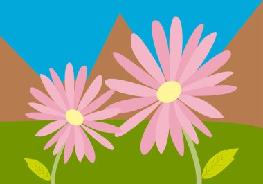 Dağ manzarası ve pembe çiçekli çayırlar.