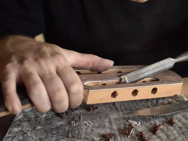 Luthier klasik gitar başkanı değiştirir. — Stok fotoğraf