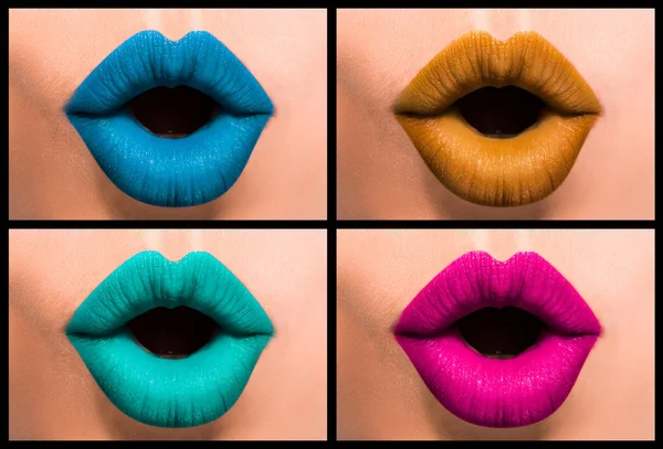 Set de hermosos labios femeninos en primer plano, pintados en diferentes colores — Foto de Stock