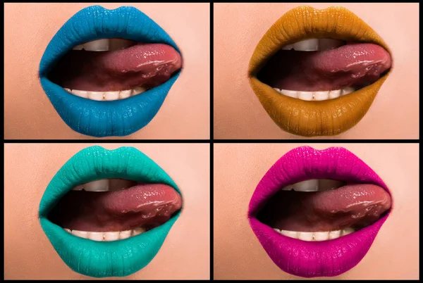 Set van gekleurde, mooie vrouwelijke lippen close-up. — Stockfoto