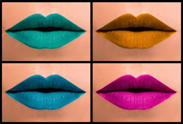 Set of beautiful female lips close-up, painted in different colors — Stock Photo, Image