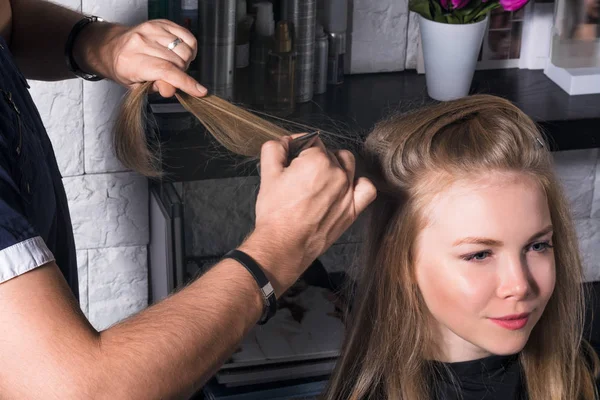 The hairdresser does a hairstyle to a young woman. — Stock Photo, Image