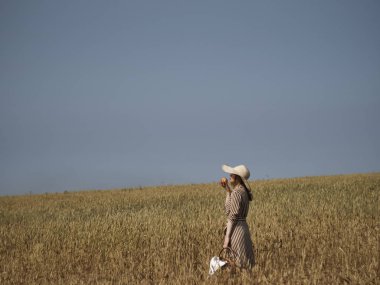 Bir buğday tarlasında bir sarışın kireç şapka ve dikey çizgili elbise elma bir hasır sepet ile yürüyor.