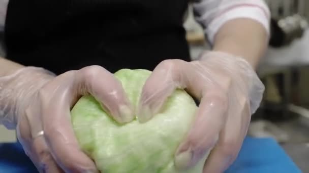 在希腊沙拉的制备过程中，将生菜撕成小块. — 图库视频影像