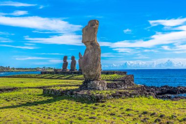 Paskalya Adası okyanus uzakta içe doğru dönük Moai heykeller.