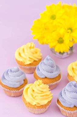 Cupcakes sarı ve mor krem ve Kasımpatı Menekşe pastel zemin üzerine süslenmiş. Boşaltmak alan. Tebrik için kullanılabilir anneler gün ve Sevgililer kartı. Minimalizm kavramı.