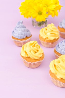 Cupcakes sarı ve mor krem ve Kasımpatı Menekşe pastel zemin üzerine süslenmiş. Boşaltmak alan. Tebrik için kullanılabilir anneler gün ve Sevgililer kartı. Minimalizm kavramı.