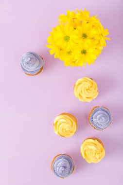 Cupcakes sarı ve mor krem ve Kasımpatı Menekşe pastel zemin üzerine süslenmiş. Boşaltmak alan. Tebrik için kullanılabilir anneler gün ve Sevgililer kartı. Üstten Görünüm kavramı.