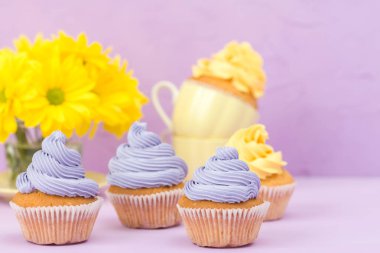 Cupcakes sarı ve mor krem ve Kasımpatı Menekşe pastel zemin üzerine süslenmiş. Boşaltmak alan. Tebrik için kullanılabilir anneler gün ve Sevgililer kartı. Minimalizm kavramı.