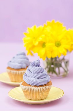 Cupcakes mor krem ve menekşe pastel zemin üzerine sarı Kasımpatı buket ile dekore edilmiştir. Metin alanı. Tebrik için ideal anneler gün ve Sevgililer kartı. En az natürmort kavramı.