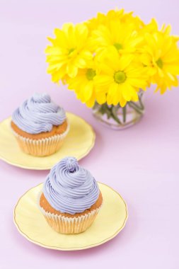 Cupcakes mor krem ve menekşe pastel zemin üzerine sarı Kasımpatı buket ile dekore edilmiştir. Metin alanı. Tebrik için ideal anneler gün ve Sevgililer kartı. En az natürmort kavramı.
