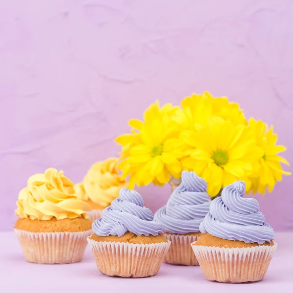 Cupcakes Decorados Con Crema Dulce Amarilla Violeta Crisantemos Sobre Fondo — Foto de Stock