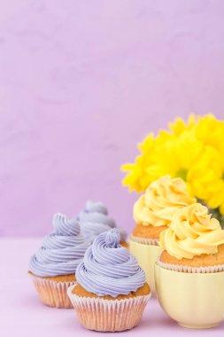 Sarı ve mor krem ve Kasımpatı Menekşe pastel arka planda tebrik kartı copyscape ile süslenmiş cupcakes.