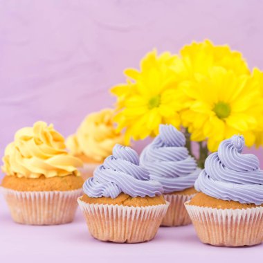 Cupcakes sarı ve mor krem ve Kasımpatı Menekşe pastel arka plan üzerinde buket ile dekore edilmiştir. Metin alanı. Tebrik için ideal anneler gün ve Sevgililer kartı. En az natürmort kavramı.