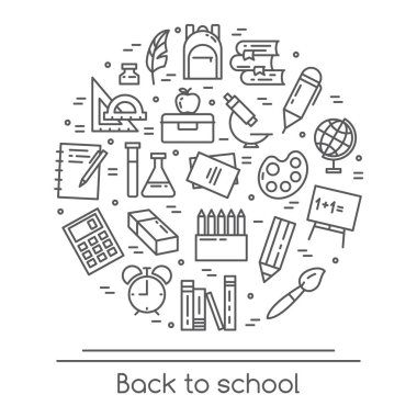 Okul malzemeleri hat sanatı - beyaz arka plan üzerinde izole çalışma ve eğitim süreci için çeşitli unsurları eğitim ile afiş. Anahat vektör çizim ekipmanları öğrenme.