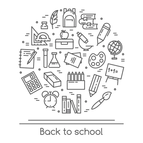 Okul malzemeleri hat sanatı - beyaz arka plan üzerinde izole çalışma ve eğitim süreci için çeşitli unsurları eğitim ile afiş. Anahat vektör çizim ekipmanları öğrenme.