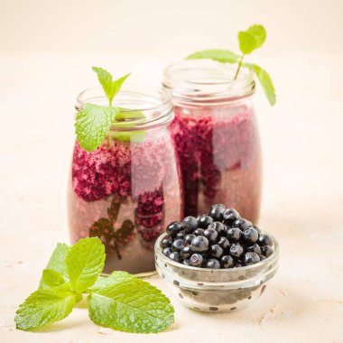 Yeşil nane yaprakları ve pastel sarı zemin üzerine taze olgun orman meyveleri ile iki cam kavanozlara Blueberry smoothie.