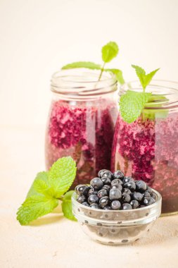 Yeşil nane yaprakları ve taze olgun orman meyveleri ile iki cam kavanozlara Blueberry smoothie.