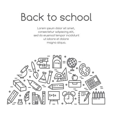 Geri okul vektör çizim afiş için hat sanatı eğitim malzemeleri ile.