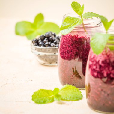 Taze yeşil nane yaprakları ve ham Olgun meyveleri yaz karışımlı vitamini kopya alanı ile kokteyl şeffaf kavanoz sarı pastel arka planda - Blueberry smoothie süslenmiş.
