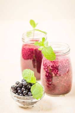 Taze yeşil nane yaprakları ve ham Olgun meyveleri yaz karışımlı vitamini kopya alanı ile kokteyl şeffaf kavanoz sarı pastel arka planda - Blueberry smoothie süslenmiş.