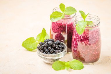 Taze yeşil nane yaprakları ve ham Olgun meyveleri yaz karışımlı vitamini kopya alanı ile kokteyl şeffaf kavanoz sarı pastel arka planda - Blueberry smoothie süslenmiş.