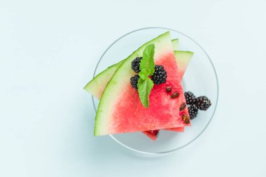 Böğürtlen ve nane yaprağı ile pasta üzerinde mavi pastel renkli - dilimlenmiş karpuz yakın çekim yaz taze çiğ olgunlaşmış meyve lezzetli vejetaryen tatlı makro fotoğrafçılık.