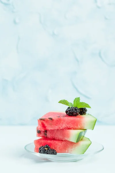 Watermelon Sliced Pie Blackberries Mint Leaf Blue Pastel Background Copy — Stock Photo, Image