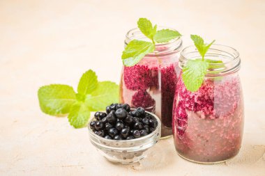 Taze yeşil nane yaprakları ve ham Olgun meyveleri yaz karışımlı vitamini kopya alanı ile kokteyl şeffaf kavanoz sarı pastel arka planda - Blueberry smoothie süslenmiş.
