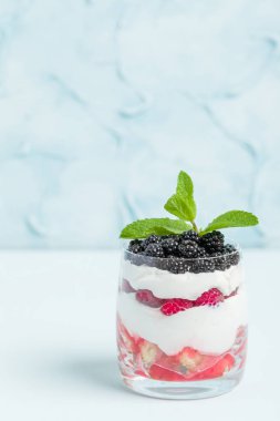 Taze sağlıklı çok katmanlı tatlı önemsememek ahududu ve böğürtlen pastel mavi arka plan ile. Süt ve orman meyve - closeup fotoğrafçılık ile organik tatlı gıda.