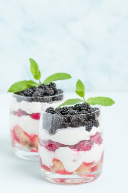 Ahududu ve böğürtlen kopya alanı pastel mavi zemin üzerine taze sağlıklı çok katmanlı tatlı önemsememek. Süt ve orman meyve - closeup fotoğrafçılık ile organik tatlı gıda.