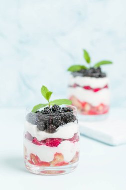 Taze sağlıklı çok katmanlı tatlı önemsememek ahududu ve böğürtlen pastel mavi arka plan ile. Süt ve orman meyve - closeup fotoğrafçılık ile organik tatlı gıda.