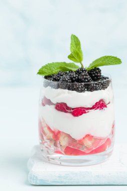 Taze sağlıklı çok katmanlı tatlı önemsememek ahududu ve böğürtlen pastel mavi arka plan ile. Süt ve orman meyve - closeup fotoğrafçılık ile organik tatlı gıda.