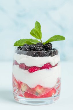 Taze sağlıklı çok katmanlı tatlı önemsememek ahududu ve böğürtlen pastel mavi arka plan ile. Süt ve orman meyve - closeup fotoğrafçılık ile organik tatlı gıda.
