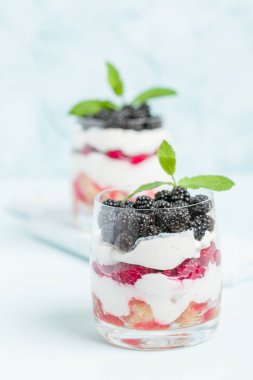 Taze sağlıklı çok katmanlı tatlı önemsememek ahududu ve böğürtlen pastel mavi arka plan ile. Süt ve orman meyve - closeup fotoğrafçılık ile organik tatlı gıda.