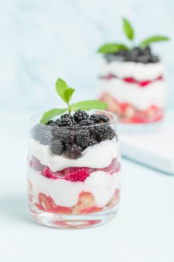 Taze sağlıklı çok katmanlı tatlı önemsememek ahududu ve böğürtlen pastel mavi arka plan ile. Süt ve orman meyve - closeup fotoğrafçılık ile organik tatlı gıda.