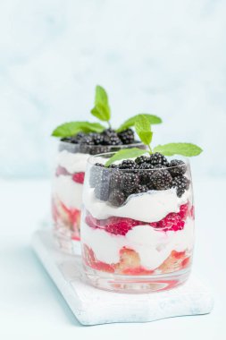 Taze sağlıklı çok katmanlı tatlı önemsememek ahududu ve böğürtlen pastel mavi arka plan ile. Süt ve orman meyve - closeup fotoğrafçılık ile organik tatlı gıda.