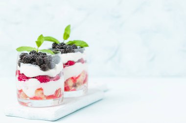 Ahududu ve böğürtlen kopya alanı pastel mavi zemin üzerine taze sağlıklı çok katmanlı tatlı önemsememek. Süt ve orman meyve - closeup fotoğrafçılık ile organik tatlı gıda.